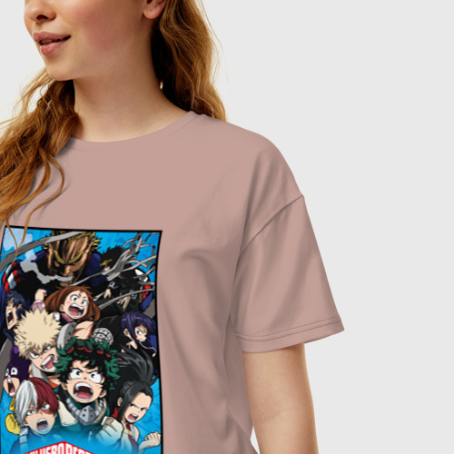 Женская футболка хлопок Oversize My hero academia коллаж из героев на синем, цвет пыльно-розовый - фото 3