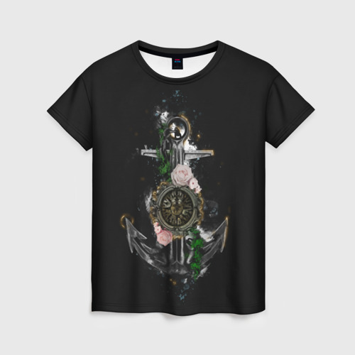 Женская футболка 3D с принтом Якорь с компасом и цветами, вид спереди #2
