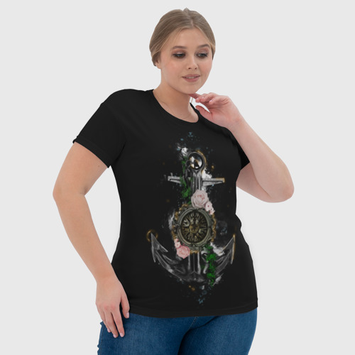Женская футболка 3D с принтом Якорь с компасом и цветами, фото #4