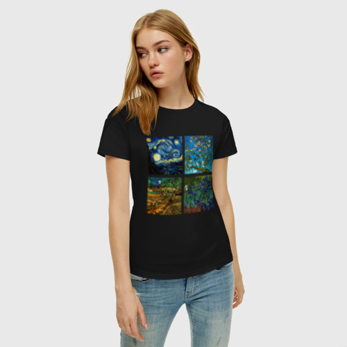 Женская футболка хлопок Ван Гог картины, цвет черный - фото 3