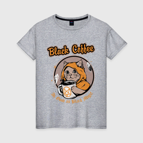 Женская футболка хлопок с принтом Black Coffee Cat, вид спереди #2