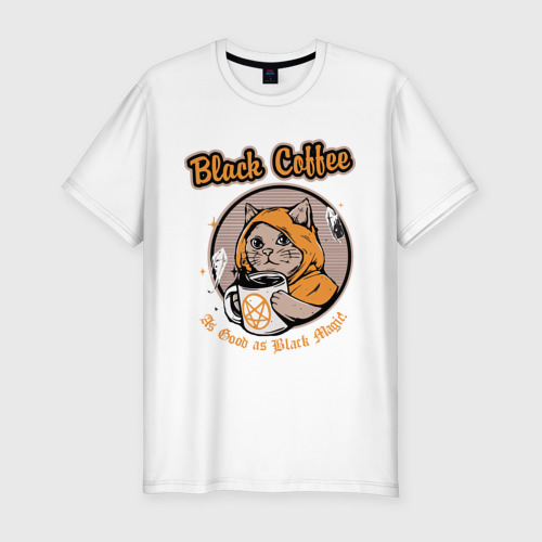 Мужская футболка хлопок Slim с принтом Black Coffee Cat, вид спереди #2