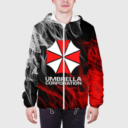 Куртка с принтом Umbrella Corp для мужчины, вид на модели спереди №3. Цвет основы: белый