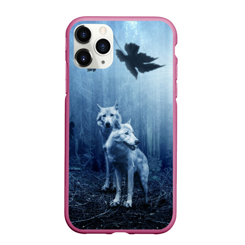 Чехол для iPhone 11 Pro Max матовый Волки в тёмном лесу, цвет малиновый