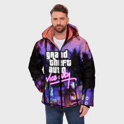 Куртка с принтом Grand Theft Auto Vice City для мужчины, вид на модели спереди №2. Цвет основы: черный