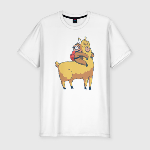 Мужская футболка приталенная из хлопка с принтом Ленивец и лама, вид спереди №1