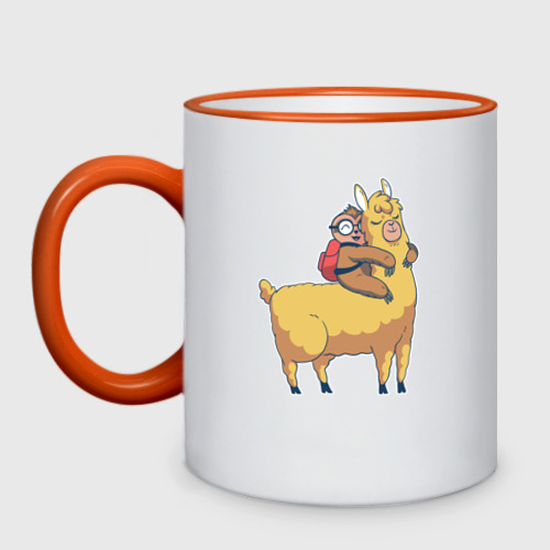 Кружка двухцветная Ленивец и лама, цвет Кант оранжевый