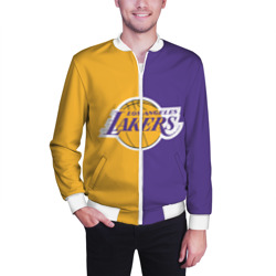 Бомбер с принтом LA Lakers для мужчины, вид на модели спереди №2. Цвет основы: белый
