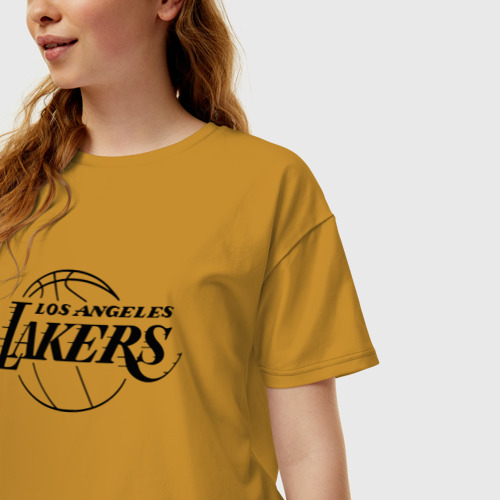 Женская футболка хлопок Oversize LA Lakers black logo, цвет горчичный - фото 3