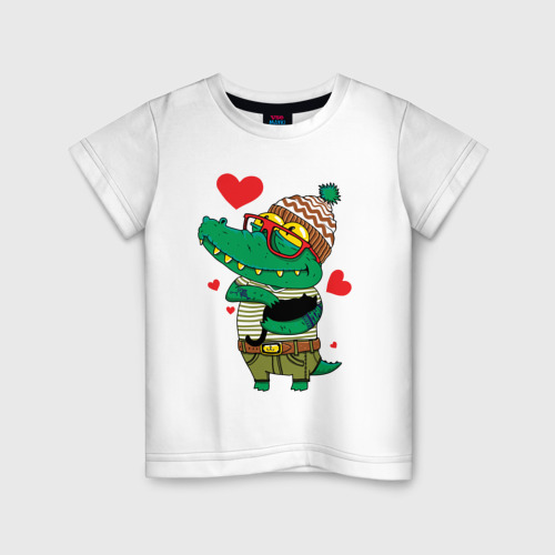Детская футболка хлопок Модный крокодил, цвет белый