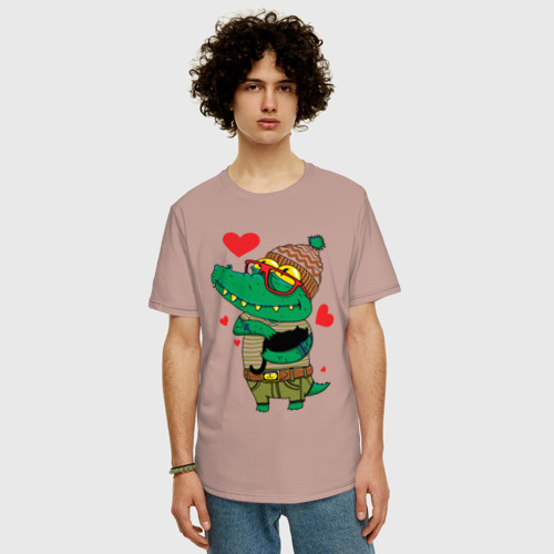 Мужская футболка хлопок Oversize с принтом Модный крокодил, фото на моделе #1