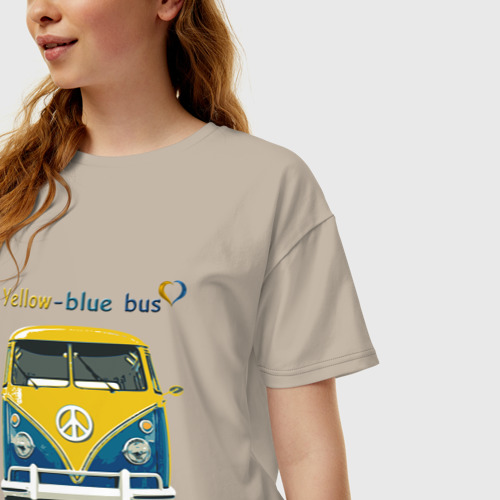 Женская футболка хлопок Oversize Я люблю вас Yellow-blue bus, цвет миндальный - фото 3
