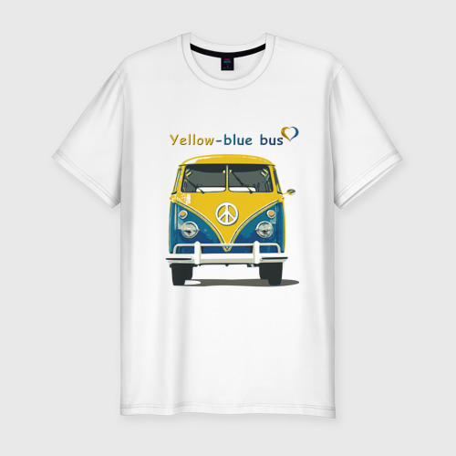 Мужская приталенная футболка из хлопка с принтом Я люблю вас Yellow-blue bus, вид спереди №1