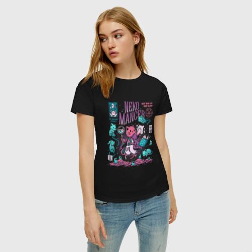 Женская футболка хлопок с принтом Кот некромант cat wizard, фото на моделе #1