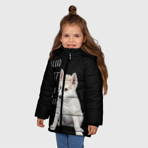 Зимняя куртка для девочек 3D с принтом Sleep Eat Play Repeat Хаски, фото на моделе #1