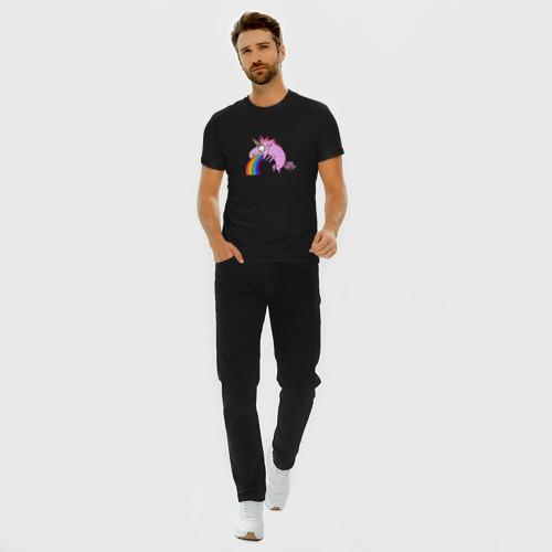 Мужская футболка хлопок Slim Единорог, блюющий радугой, цвет черный - фото 5