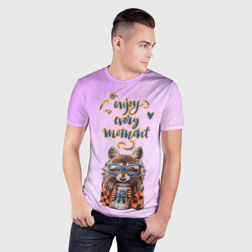 Мужская футболка 3D Slim с принтом Енот, фото на моделе #1