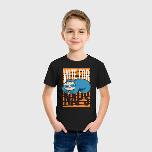 Детская футболка хлопок с принтом Голосуй за Ленивца, фото на моделе #1