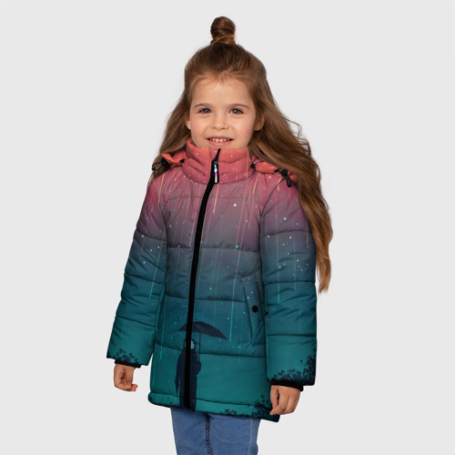 Зимняя куртка для девочек 3D с принтом Космический Дождь, фото на моделе #1