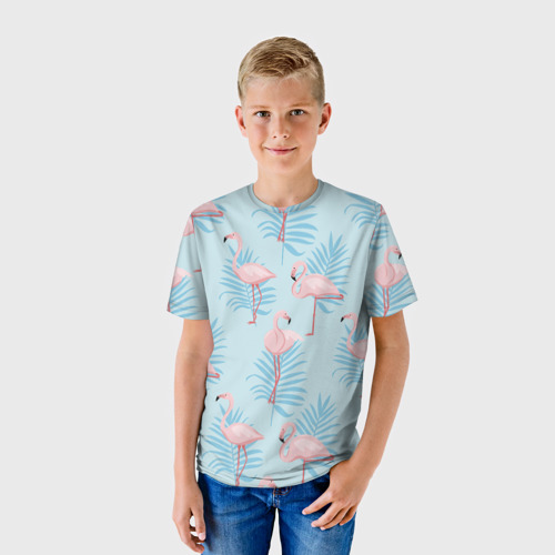 Детская футболка 3D с принтом Арт с розовым фламинго, фото на моделе #1