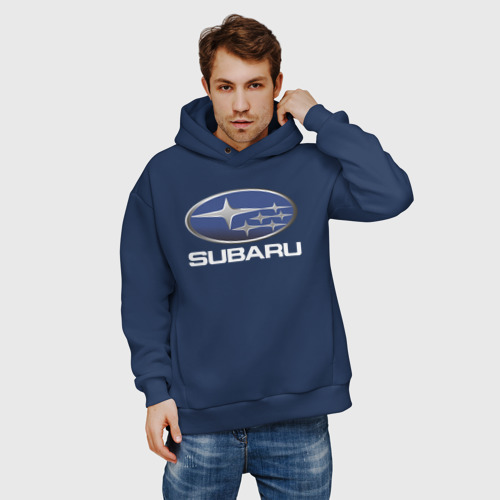 Мужское худи Oversize хлопок Subaru logo Субару лого, цвет темно-синий - фото 3