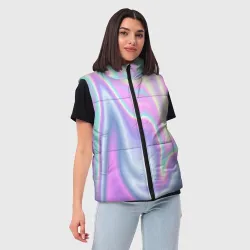 Женский жилет утепленный 3D Vaporwave волны голографические текстура переливается - фото 2