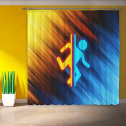 Фотошторы с принтом Portal логотип человечек желто-голубой для любого человека, вид спереди №3. Цвет основы: габардин