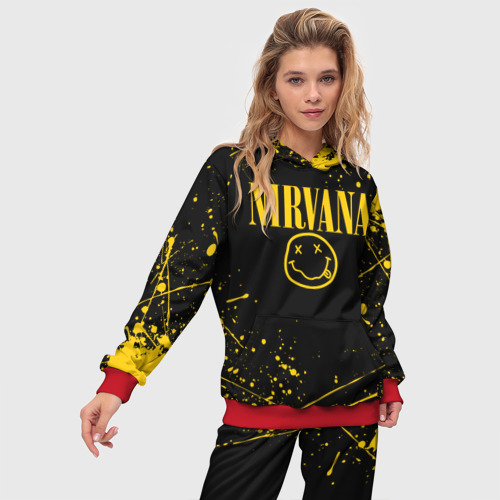 Женский костюм с толстовкой 3D Nirvana smile logo with yellow grunge, цвет красный - фото 3
