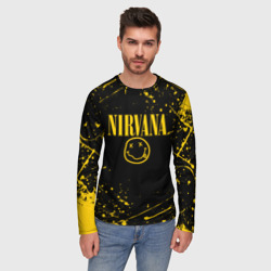 Лонгслив с принтом Nirvana smile logo with yellow grunge для мужчины, вид на модели спереди №2. Цвет основы: белый