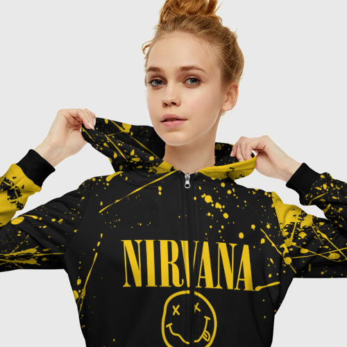 Женская толстовка 3D на молнии Nirvana smile logo with yellow grunge, цвет черный - фото 5