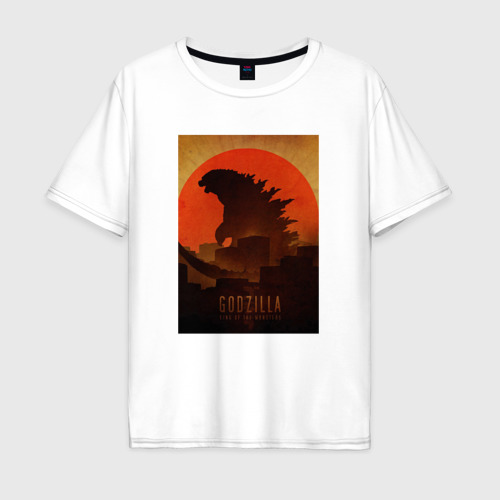 Мужская футболка из хлопка оверсайз с принтом Godzilla and red sun, вид спереди №1
