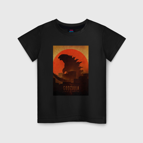 Детская футболка хлопок Godzilla and red sun, цвет черный