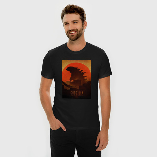 Мужская футболка хлопок Slim Godzilla and red sun, цвет черный - фото 3