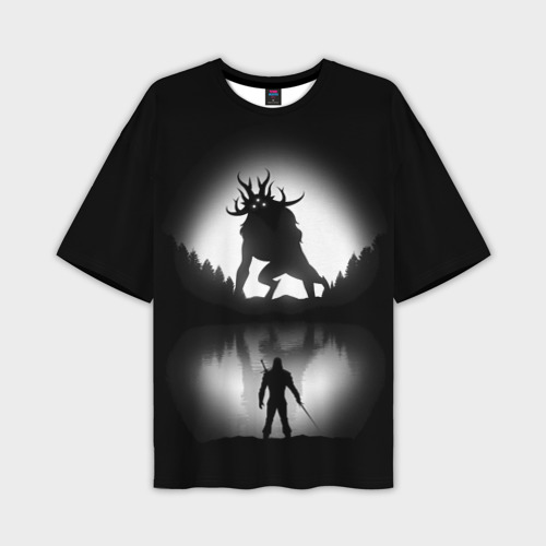 Мужская футболка оверсайз с принтом Бой Ведьмака в лесу, вид спереди №1