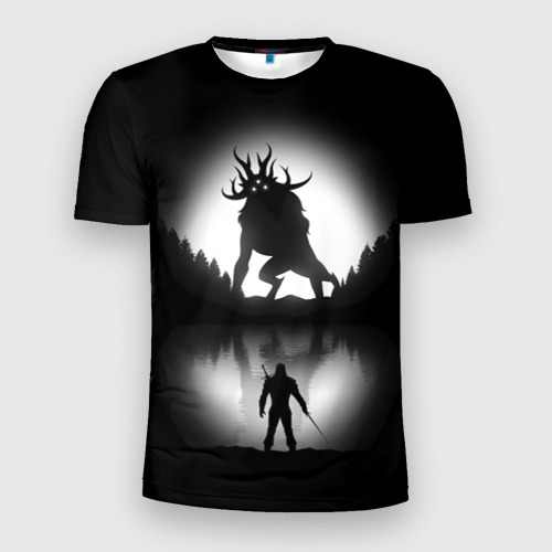 Мужская приталенная футболка с принтом Бой Ведьмака в лесу, вид спереди №1