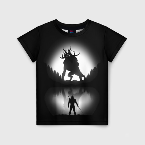 Детская футболка с принтом Бой Ведьмака в лесу, вид спереди №1