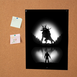 Постер с принтом Бой Ведьмака в лесу для любого человека, вид спереди №2. Цвет основы: белый