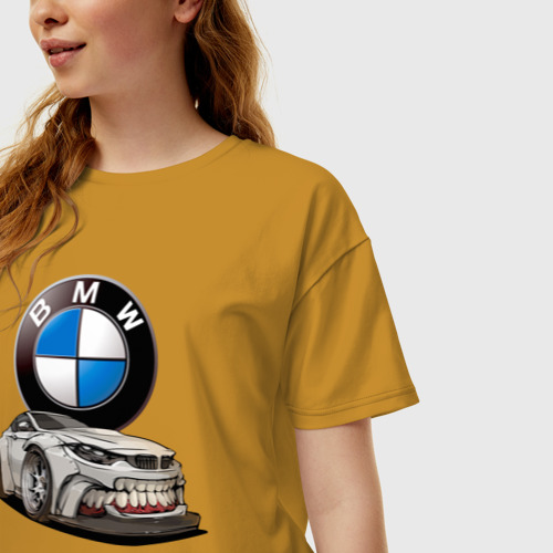 Женская футболка хлопок Oversize BMW оскал, цвет горчичный - фото 3