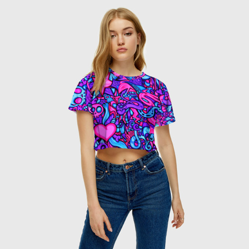 Женская футболка Crop-top 3D Неоновые черепа, цвет 3D печать - фото 3