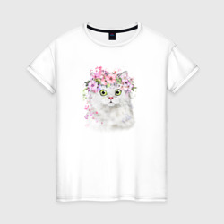 Женская футболка хлопок Котик в цветах