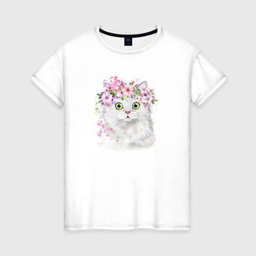 Женская футболка хлопок Котик в цветах, цвет белый