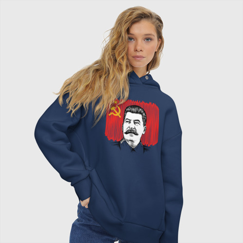 Женское худи Oversize хлопок Сталин и флаг СССР, цвет темно-синий - фото 4