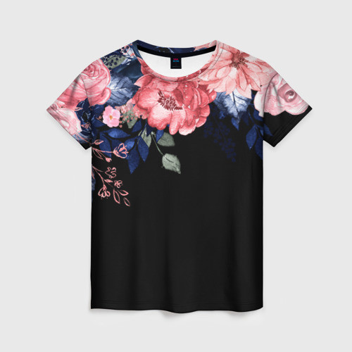 Женская футболка с принтом Цветы на черном, вид спереди №1