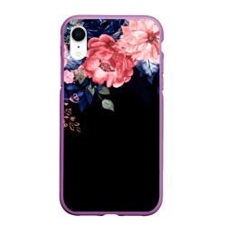 Чехол для iPhone XR матовый цветы на черном