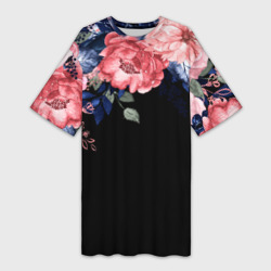 Цветы на черном – Платье-футболка с принтом купить