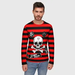 Мужской лонгслив 3D Как у КиШ и КняZz - Князя с черепом красно-черно-полосатая - фото 2