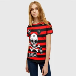 Женская футболка 3D Как у КиШ и КняZz - Князя с черепом красно-черно-полосатая - фото 2