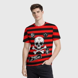 Мужская футболка 3D Как у КиШ и КняZz - Князя с черепом красно-черно-полосатая - фото 2