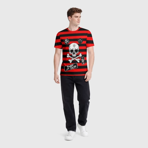 Мужская футболка 3D с принтом Как у КиШ и КняZz - Князя с черепом красно-черно-полосатая, вид сбоку #3