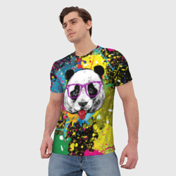 Мужская футболка 3D Панда хипстер в брызгах краски - фото 2
